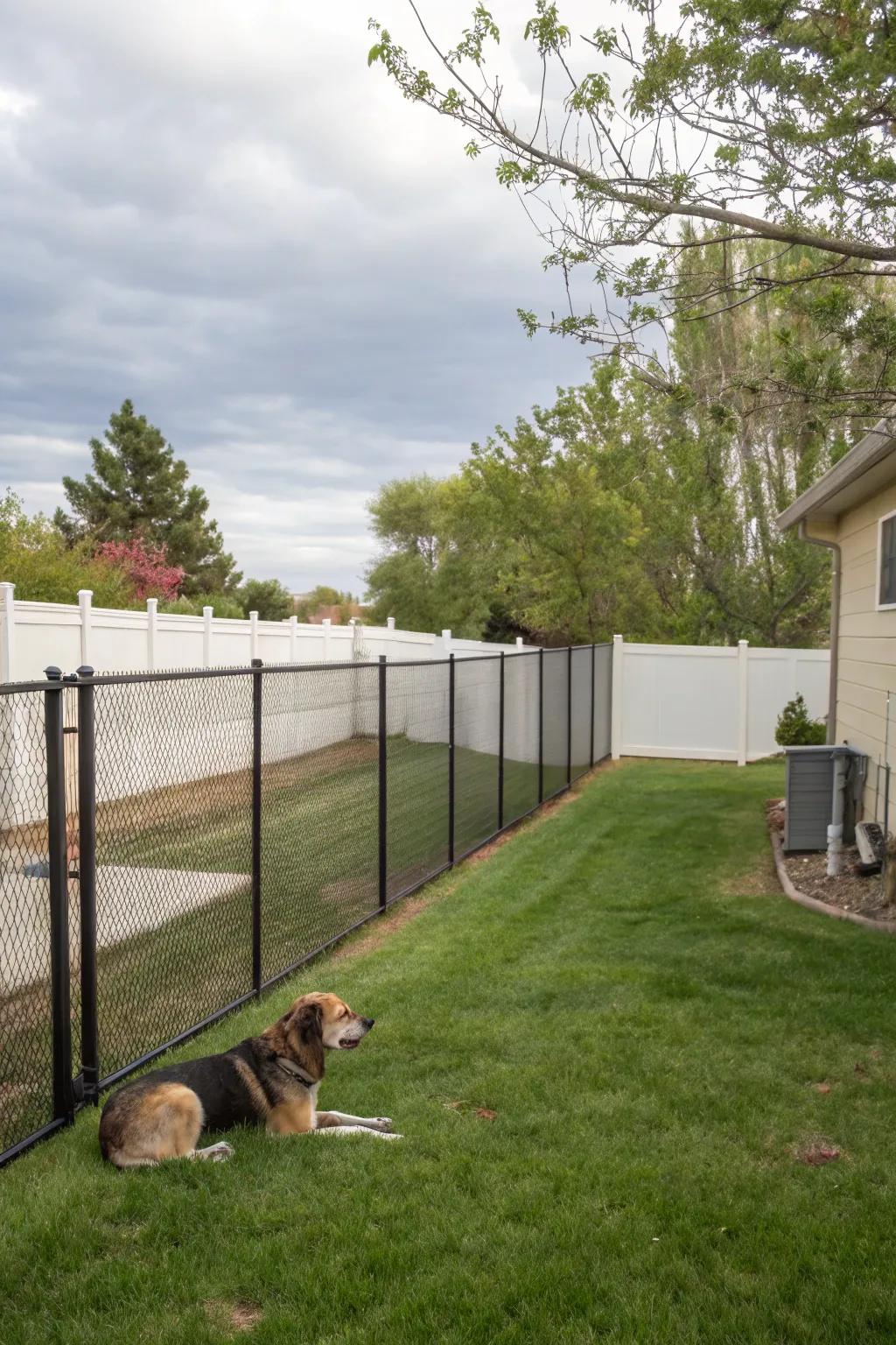 Plastic mesh fencing furnishes resilience and weather resistance for dog containment.