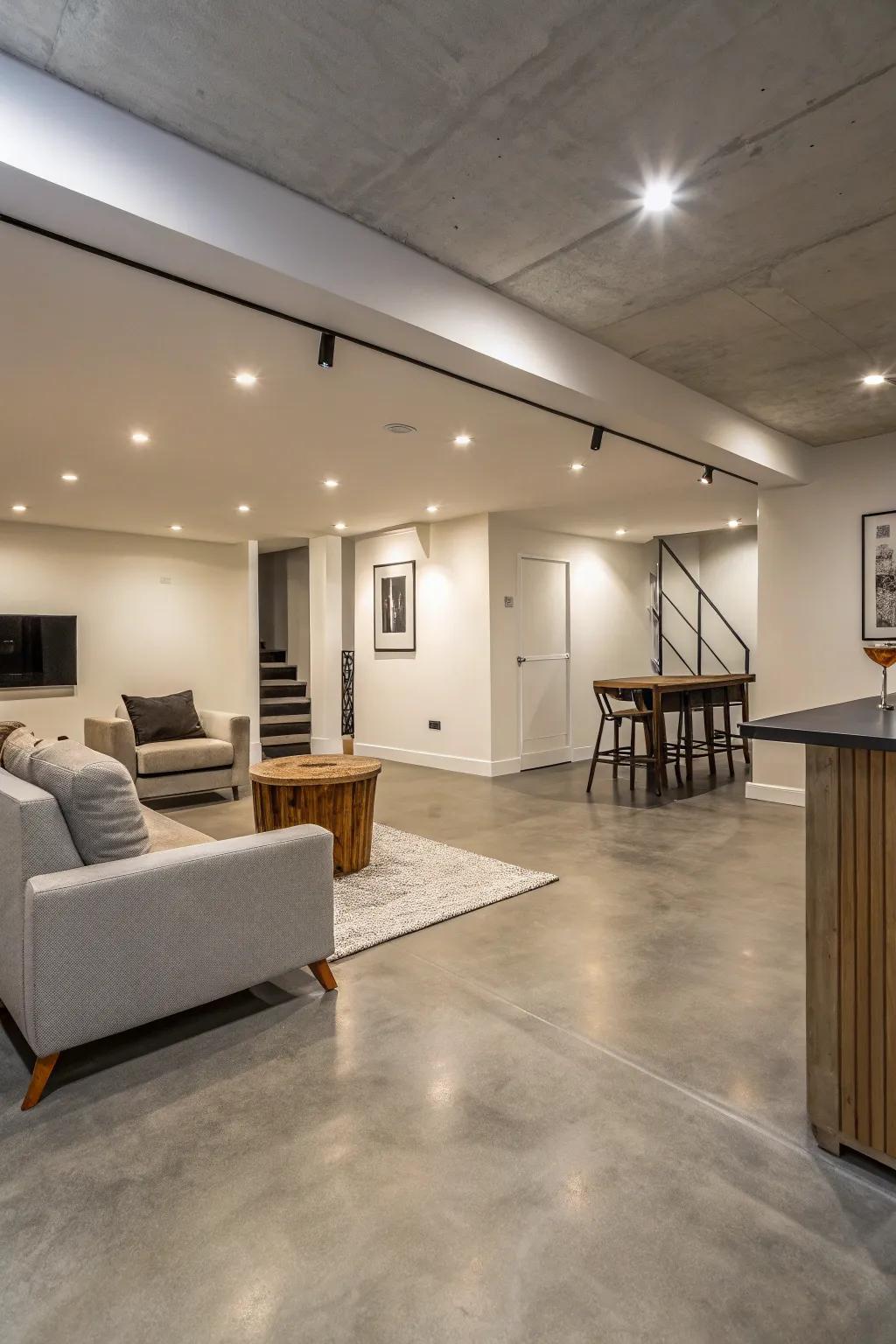 Sealed concrete provides a smooth and minimalist flooring choice for modern basements.