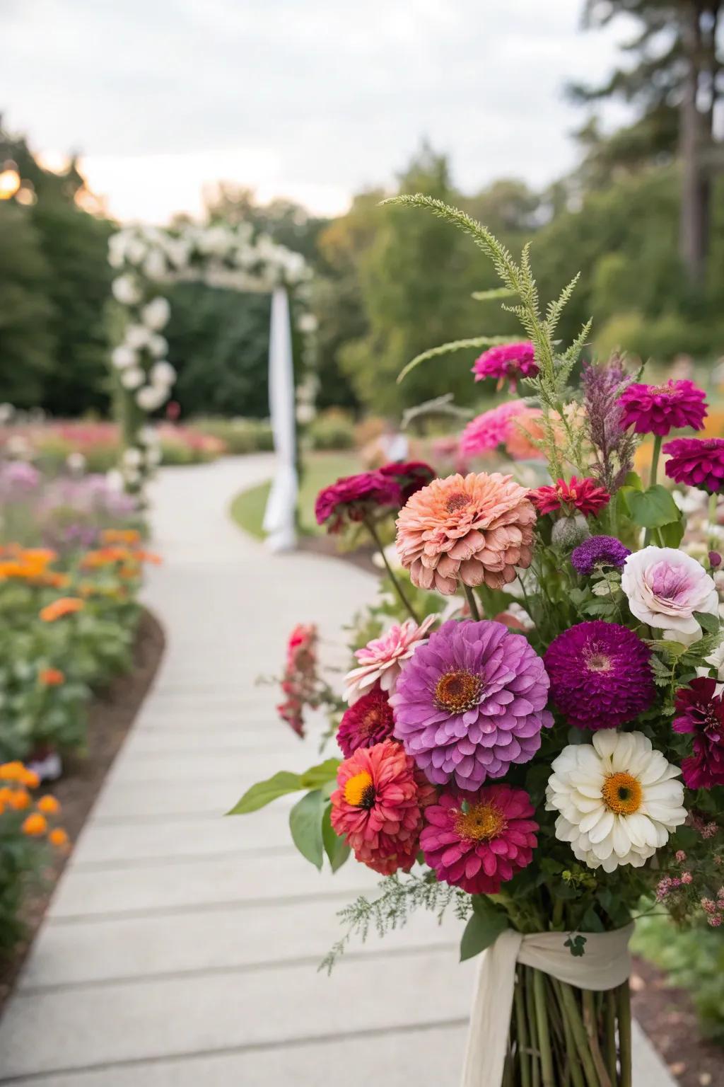 Colorful zinnias infusing an affordable splash of color into wedding designs.