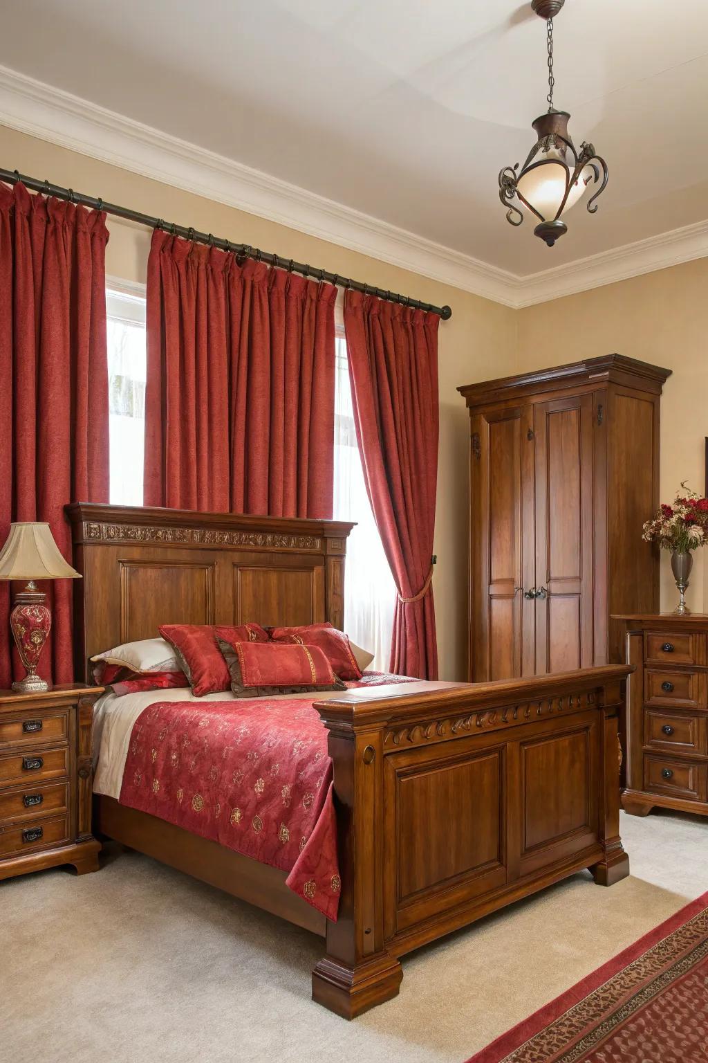 Bold curtains enhancing the warm tones of maple hardwood.