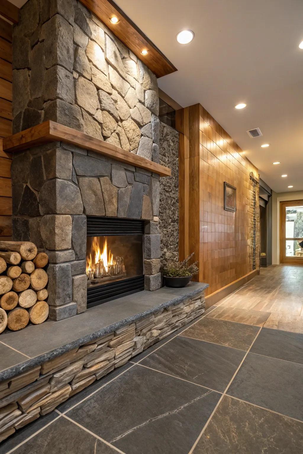 Layered surfaces surrounding the fireplace create an abundant aesthetic charm.