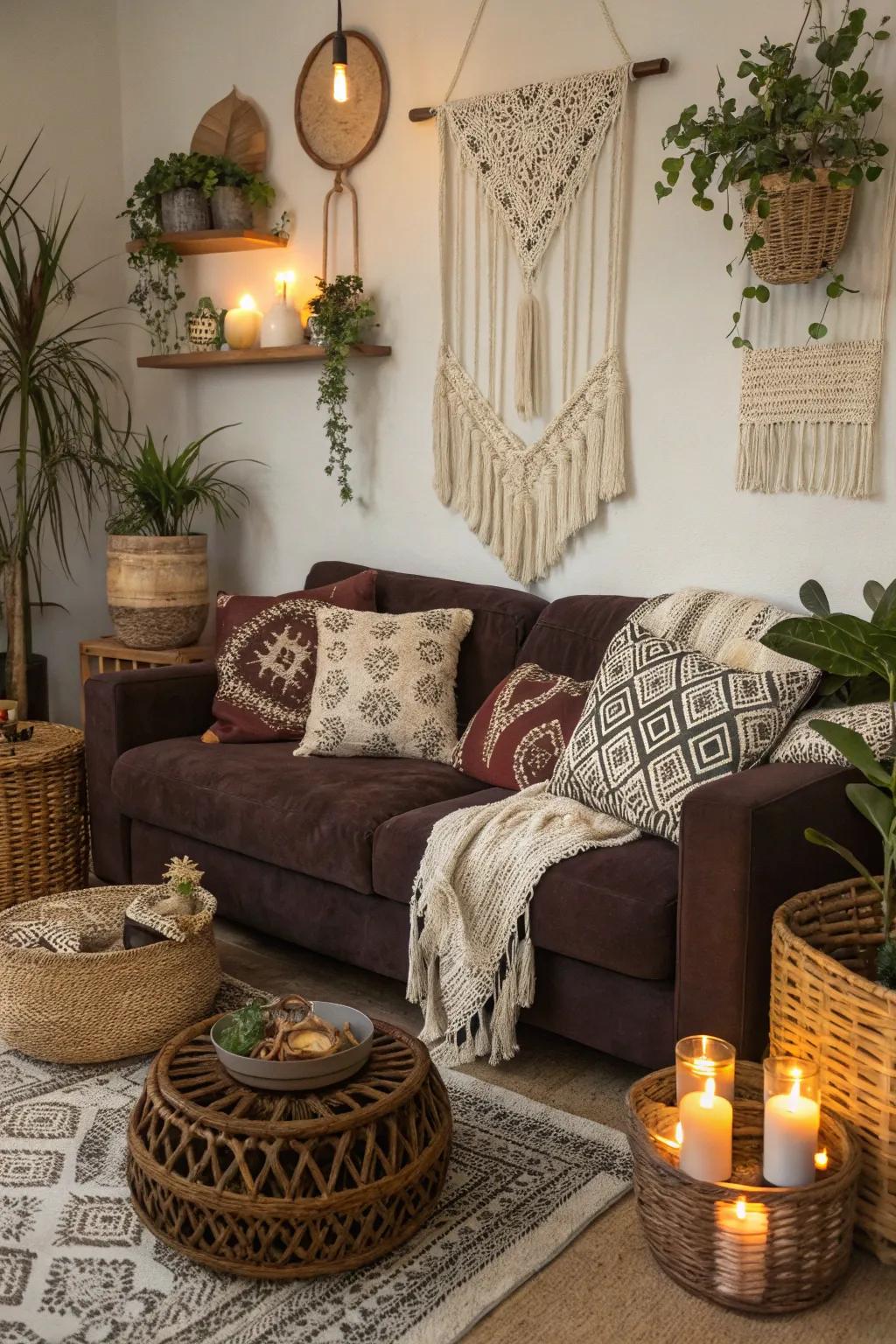 Free-spirited vibes and rich textures create a whimsical atmosphere around a cocoa sofa.