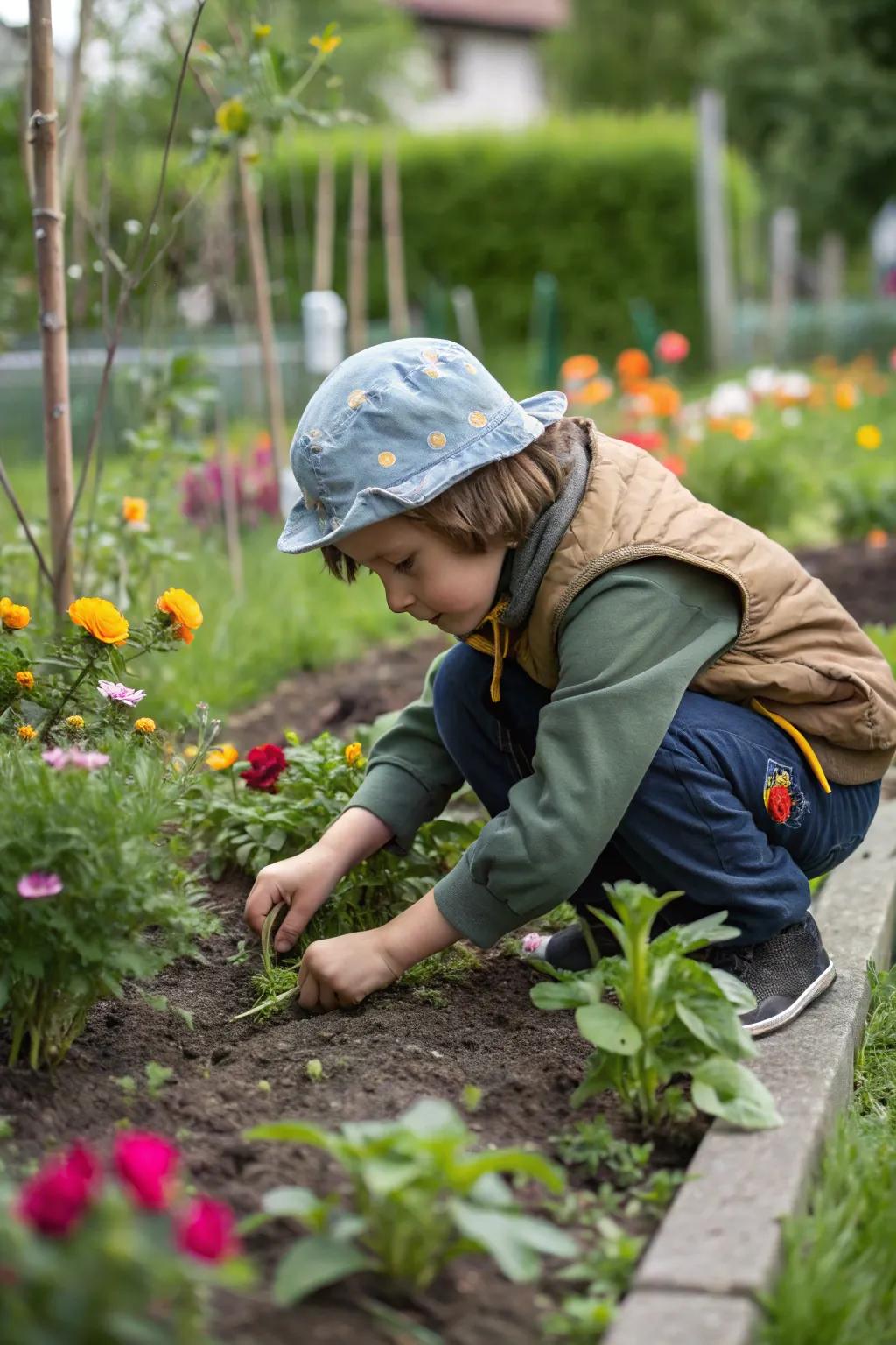 A young gardener taking care of the family garden.