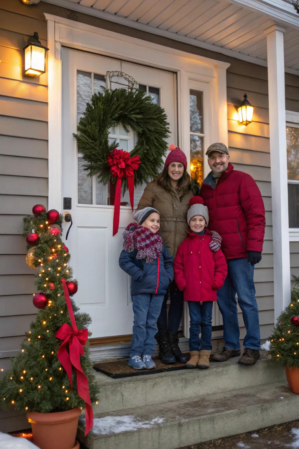 A celebratory doorstep arranges the scene for a holiday portrait.