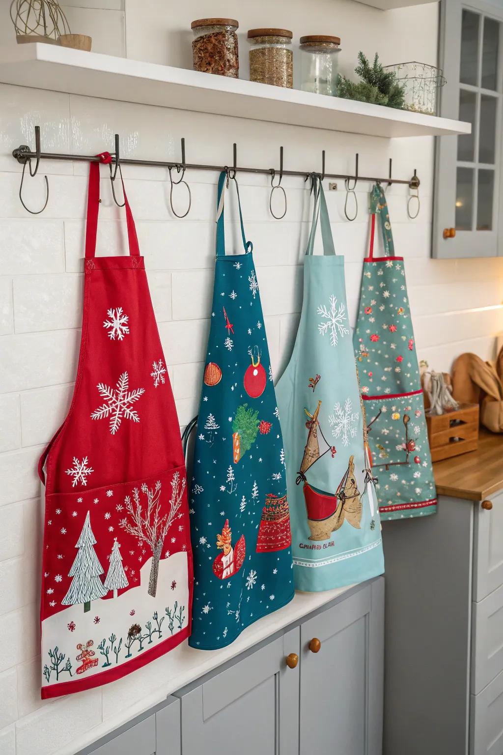 Holiday aprons add both function and festive flair to the kitchen.