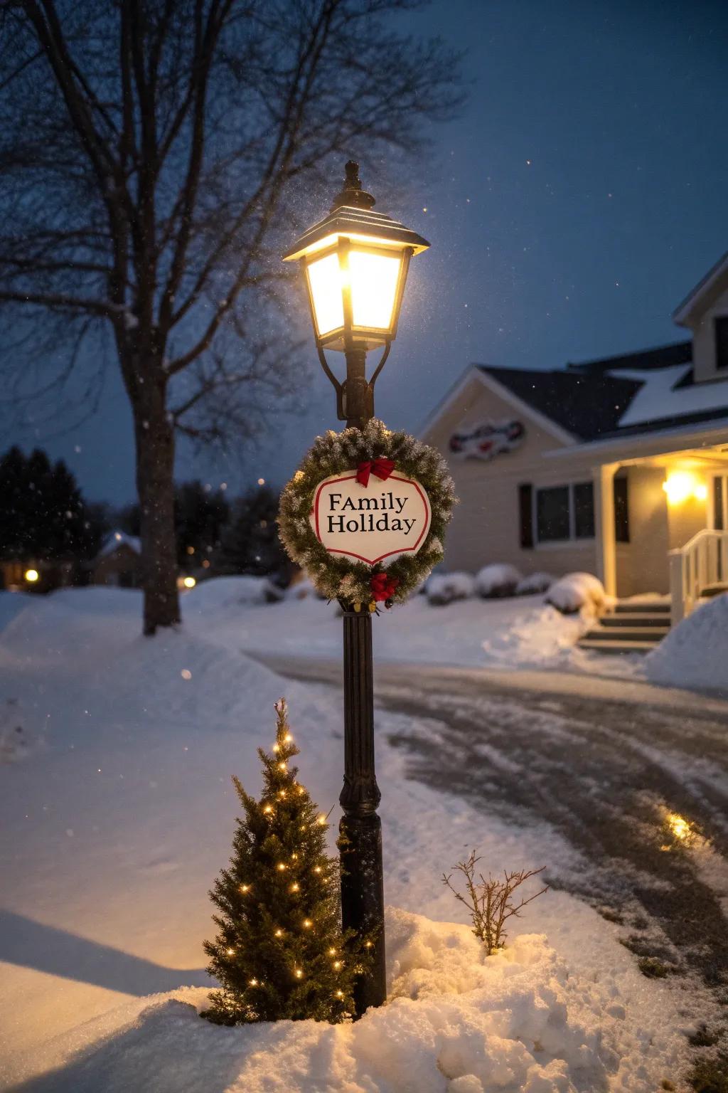 A personalized family banner broadcasts festive spirit on a lamp post.