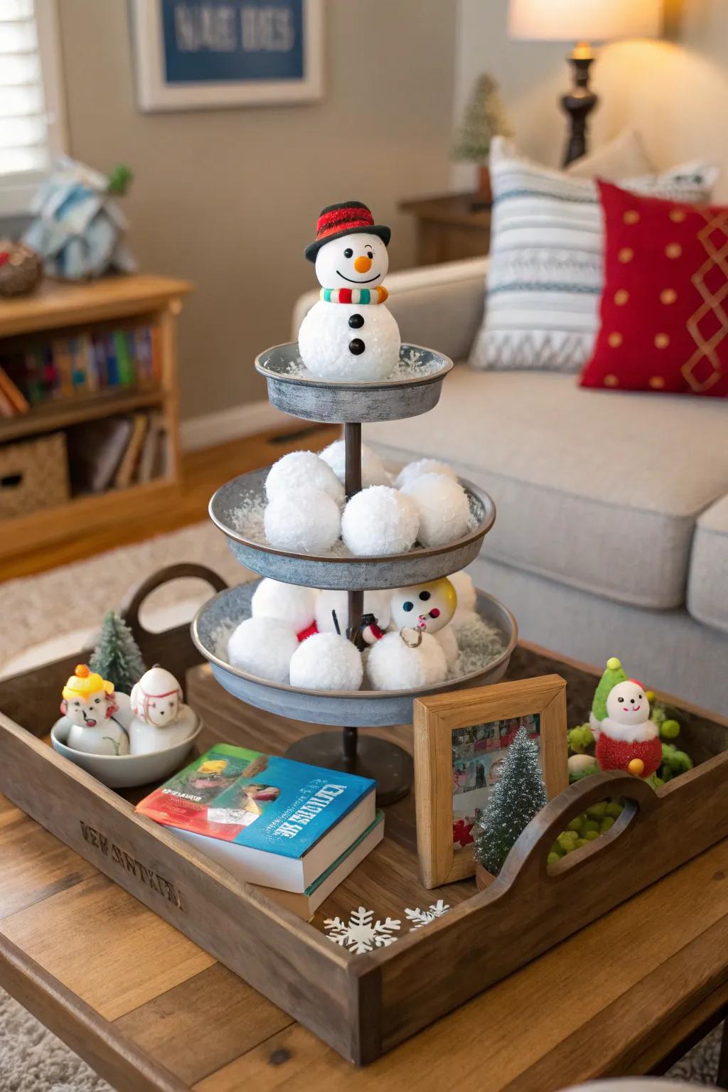 A cheerful snowman gathering on a tiered display.