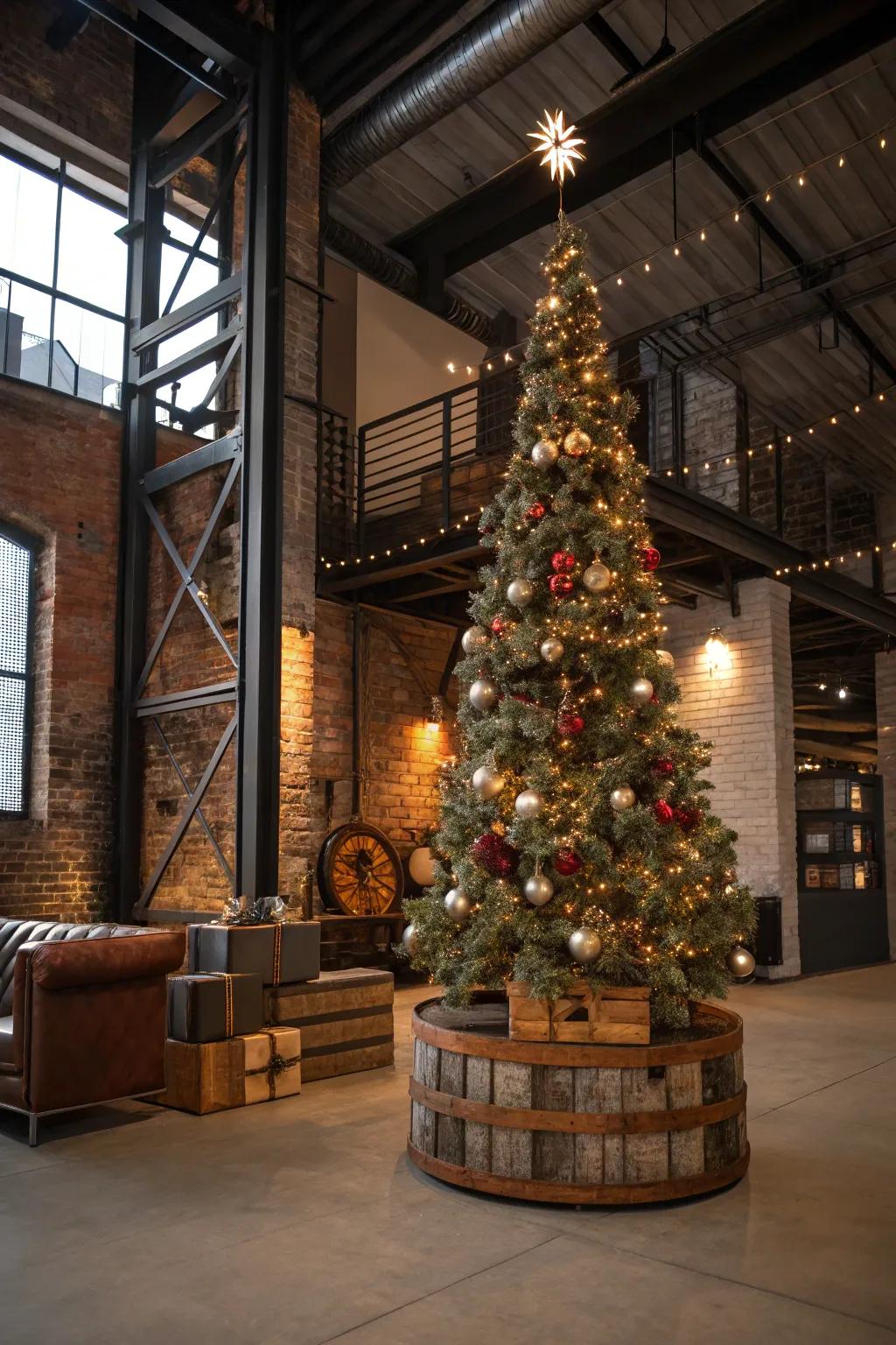 An industrial edge theme gives your tree a unique urban chic.