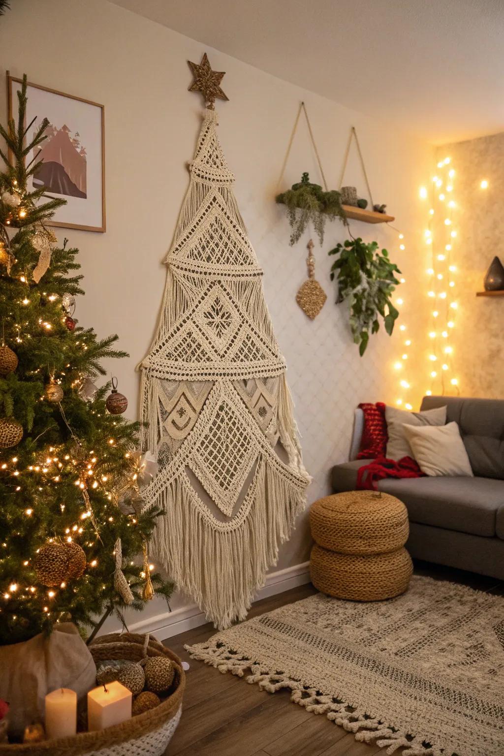 A stylish macramé festive tree introduces bohemian-chic allure.