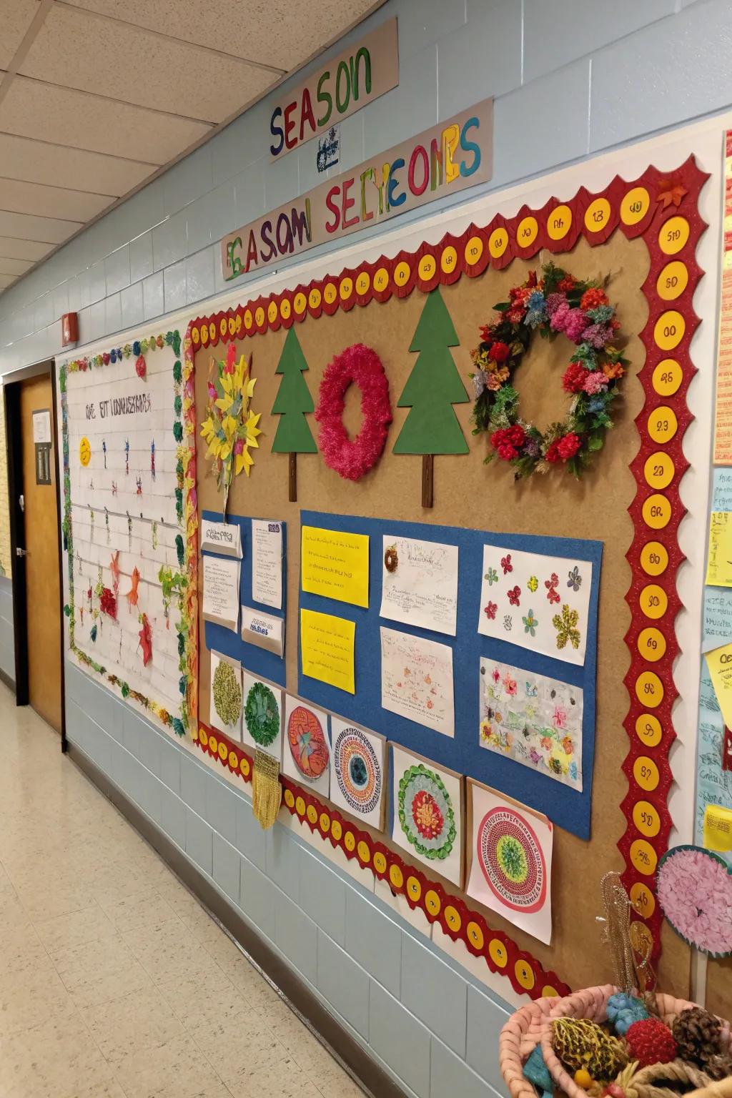 A bulletin board adorned with outcomes of seasonal craft projects.