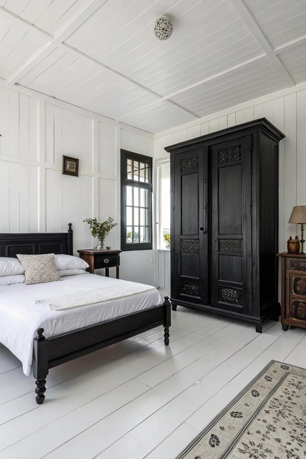 For a light and airy atmosphere, white floors contrast with dark furniture.