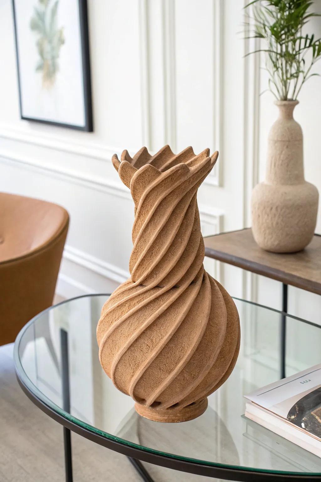 A bent dirt pot with bended structures making dynamic visual interest.