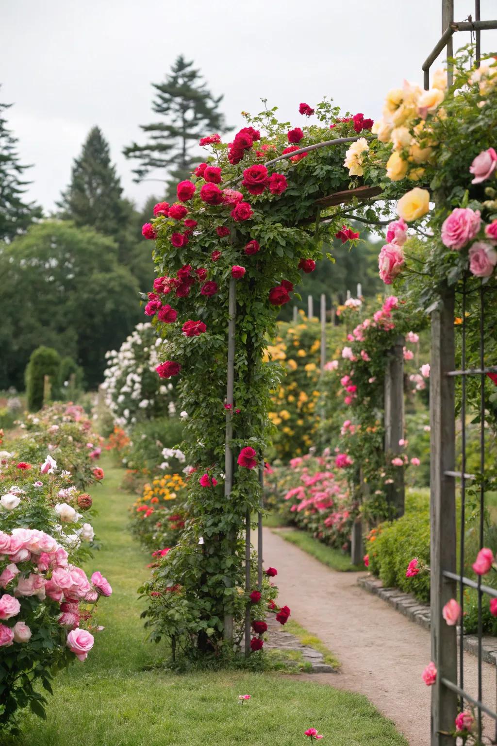 Enhance your garden with a vibrant fusion of climbing rose colors.