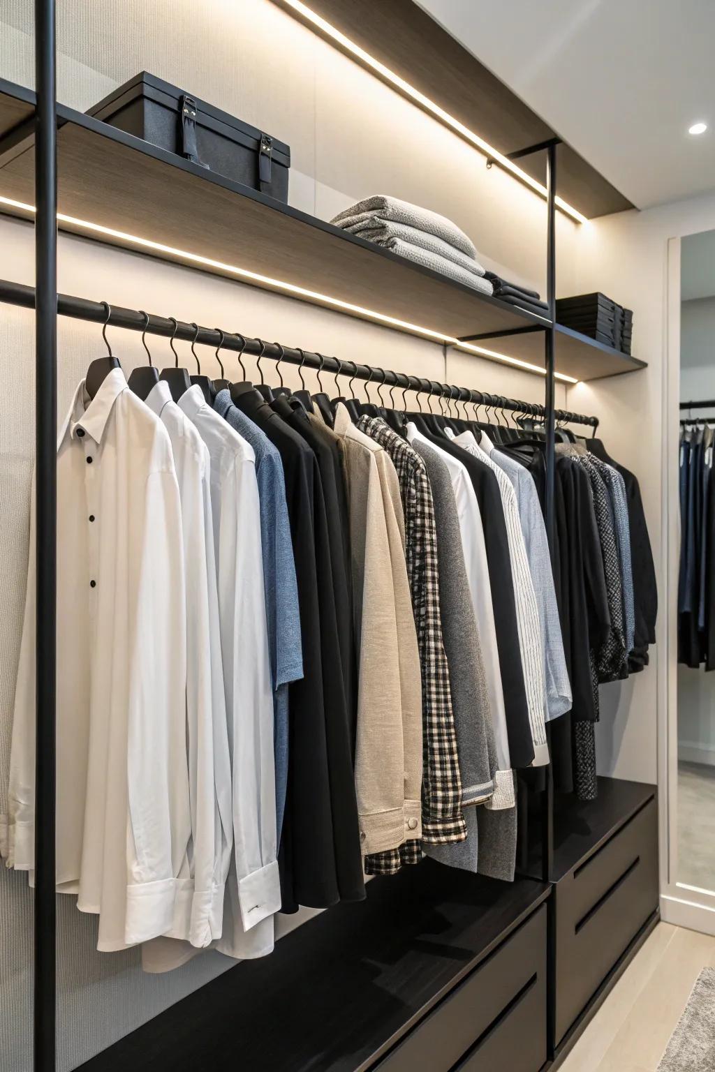 Black matte rods bring sophistication and style to closet design.