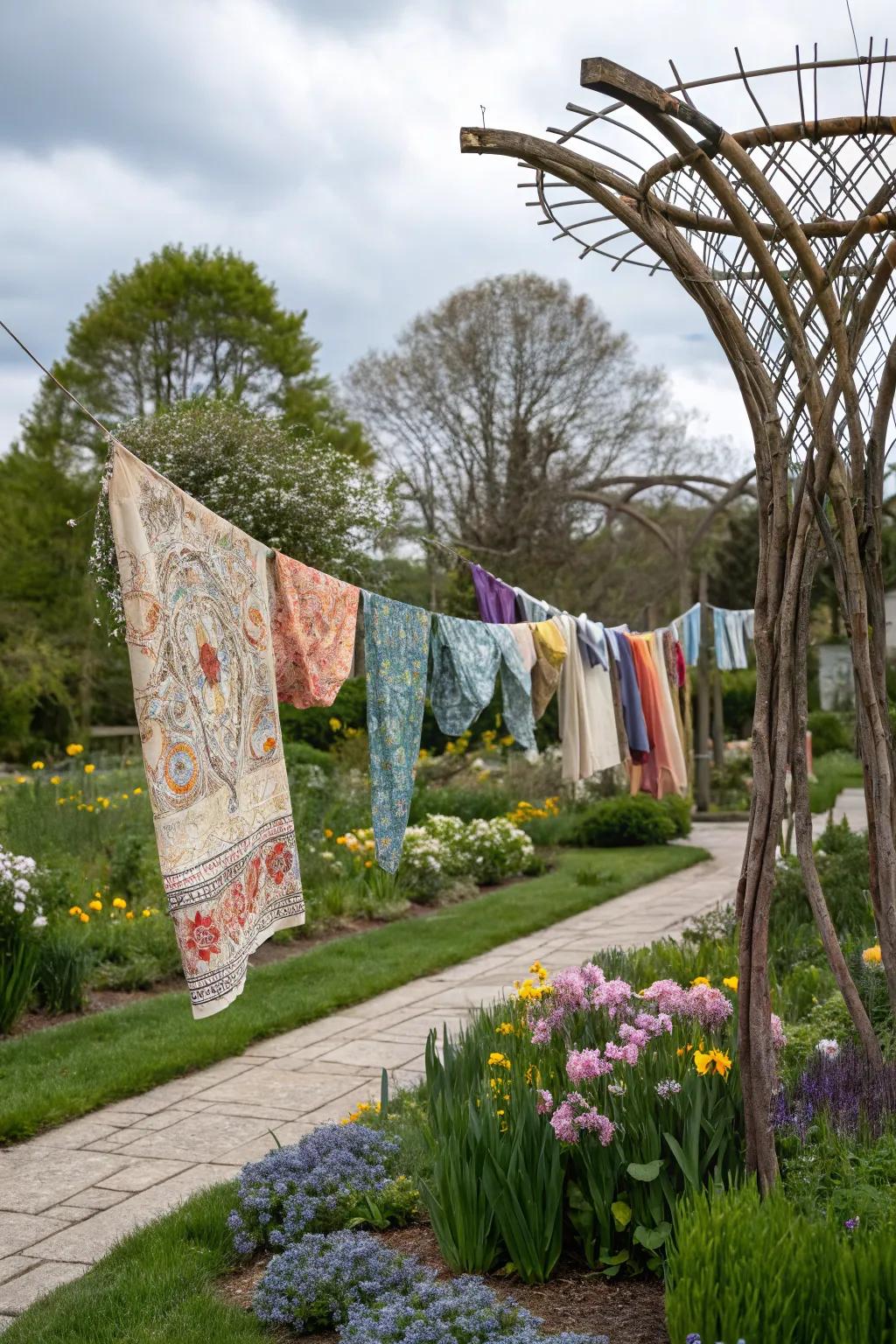 Make a backyard declaration using an artistic clothesline sculpture.