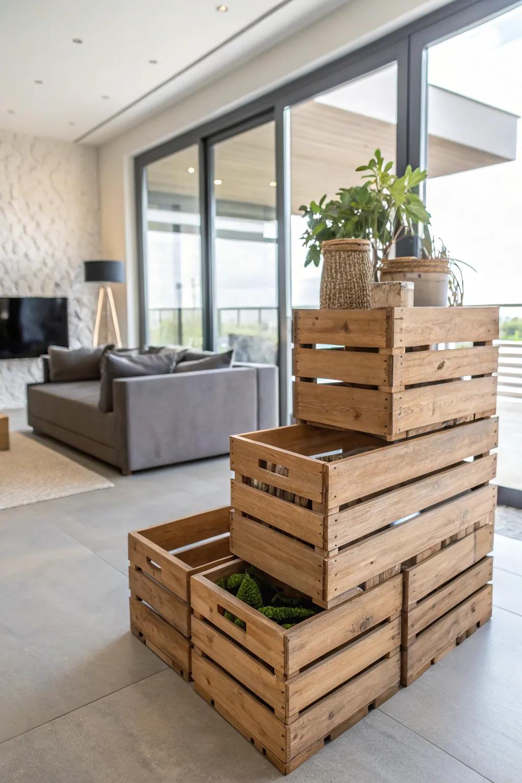 Wooden bins bring natural charm and additional storage.