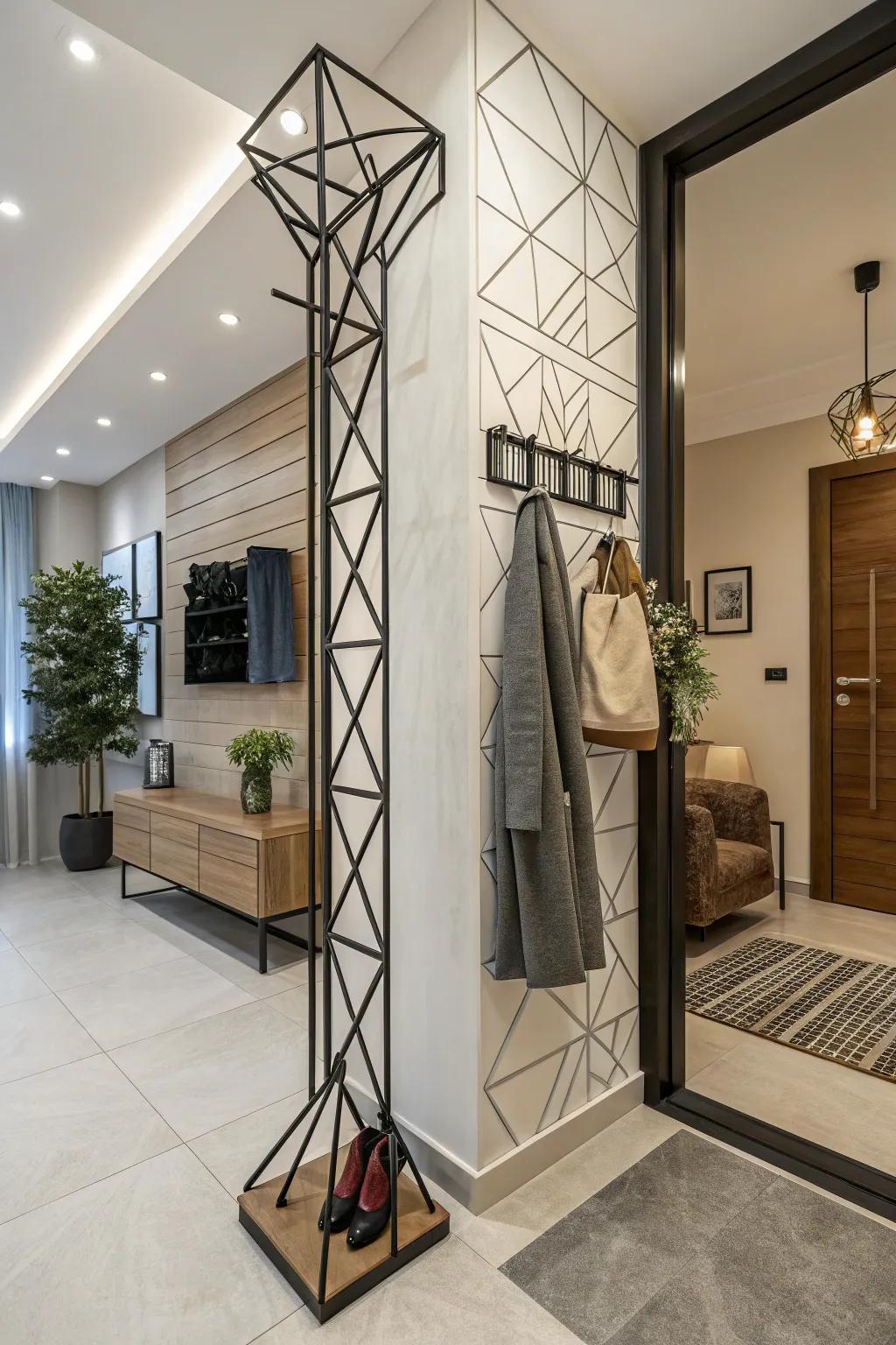 A coat rack showcasing geometric patterns for a contemporary and chic aesthetic.