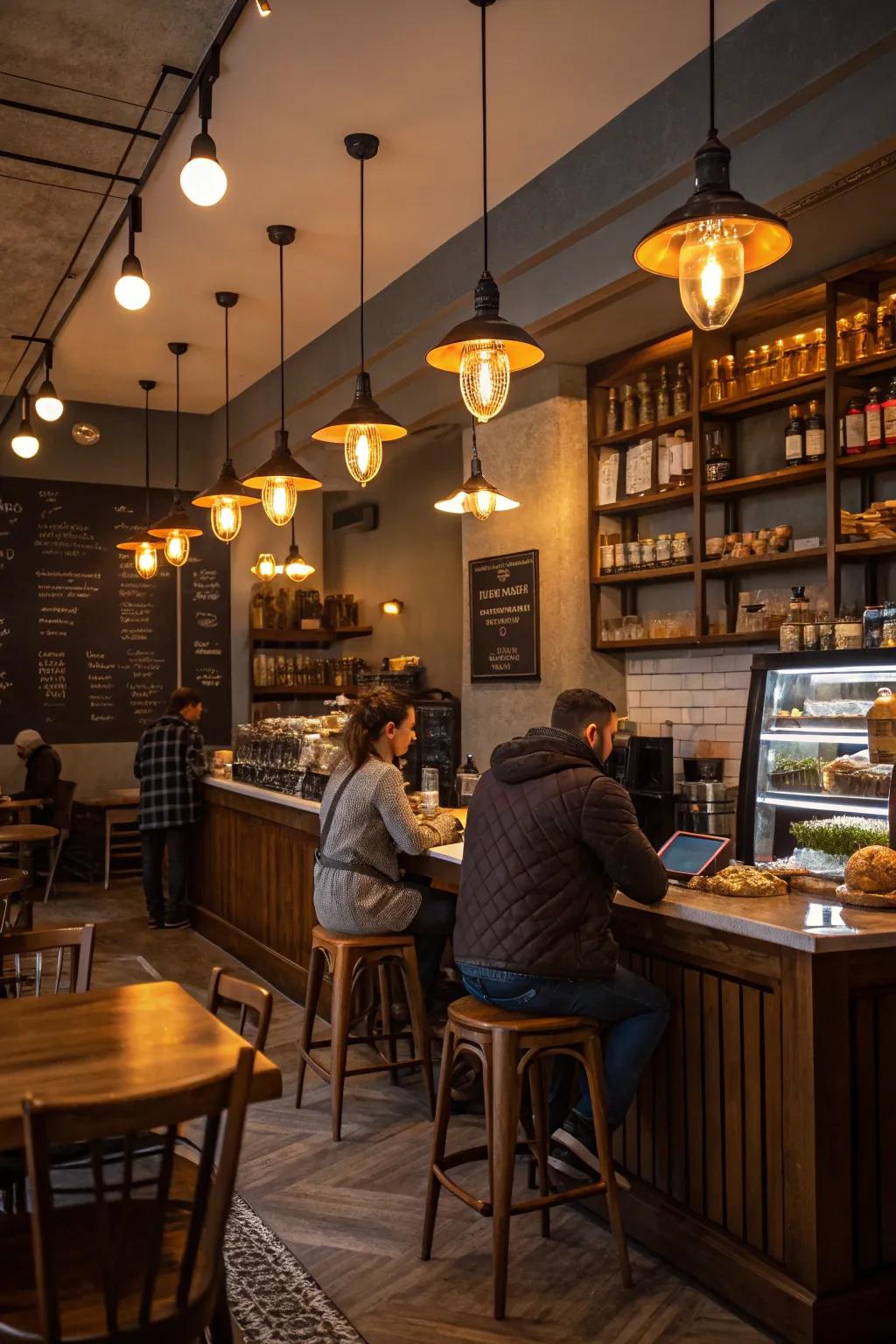 Pendant lights create a warm coffee bar atmosphere.