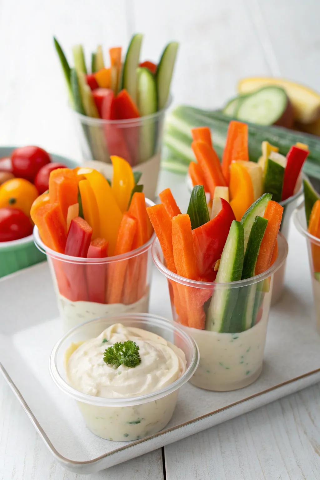 Vibrant veggie cups, a refreshing and healthy snack.