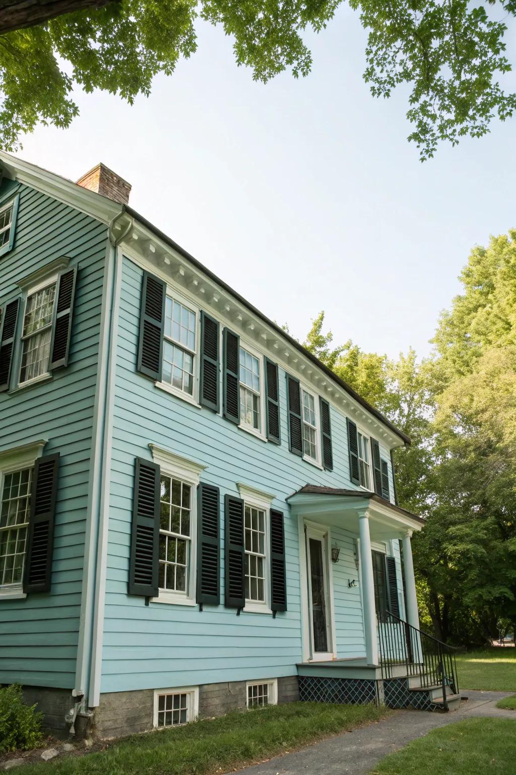 An elegantly understated colonial house with soft azure siding and black shutters.