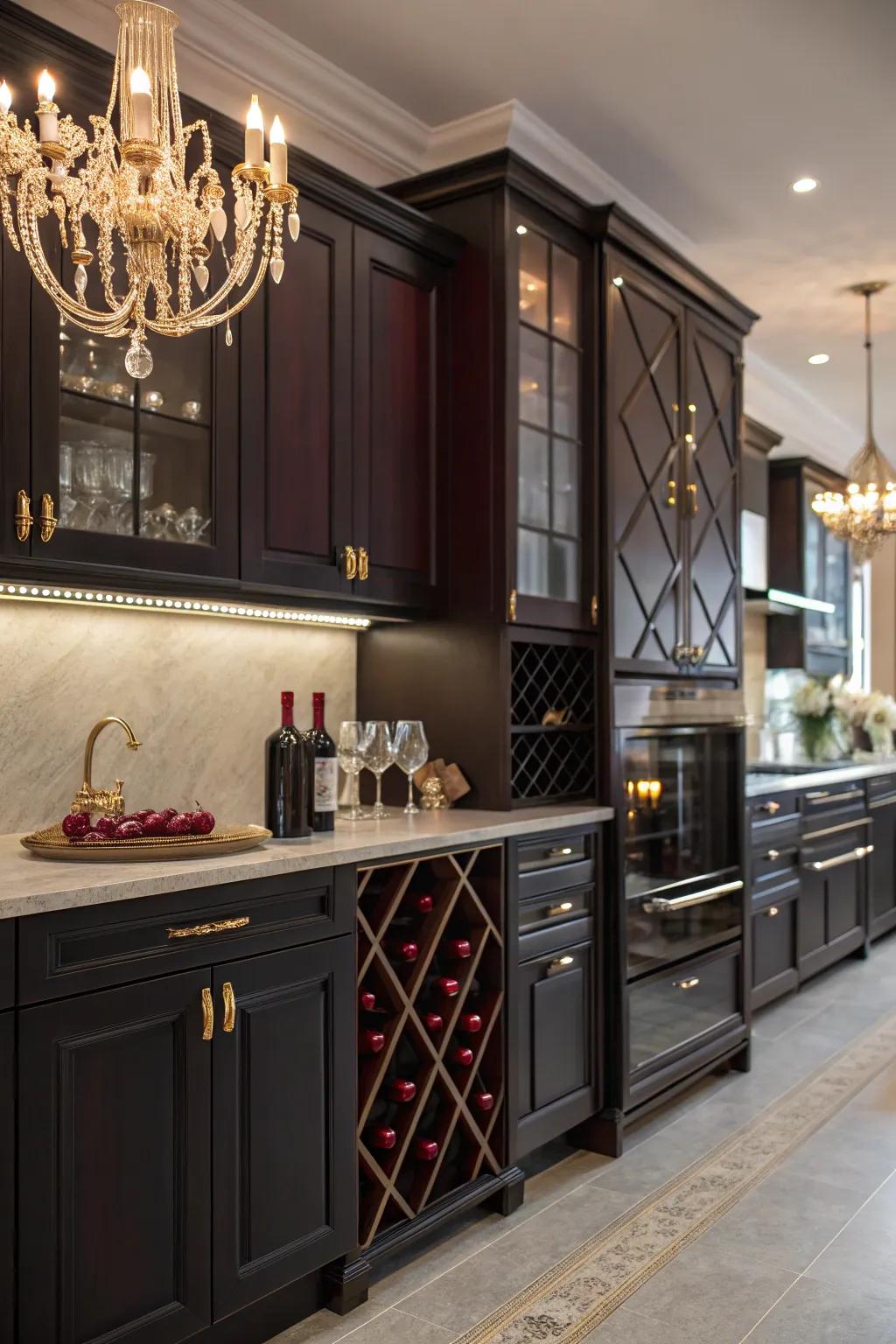 Dark cabinets completed by red hues for a bold and luxurious kitchen ambiance.