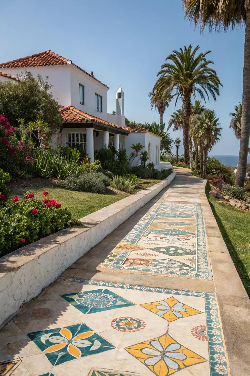 Embedded tiles inject color and personality into walkways.