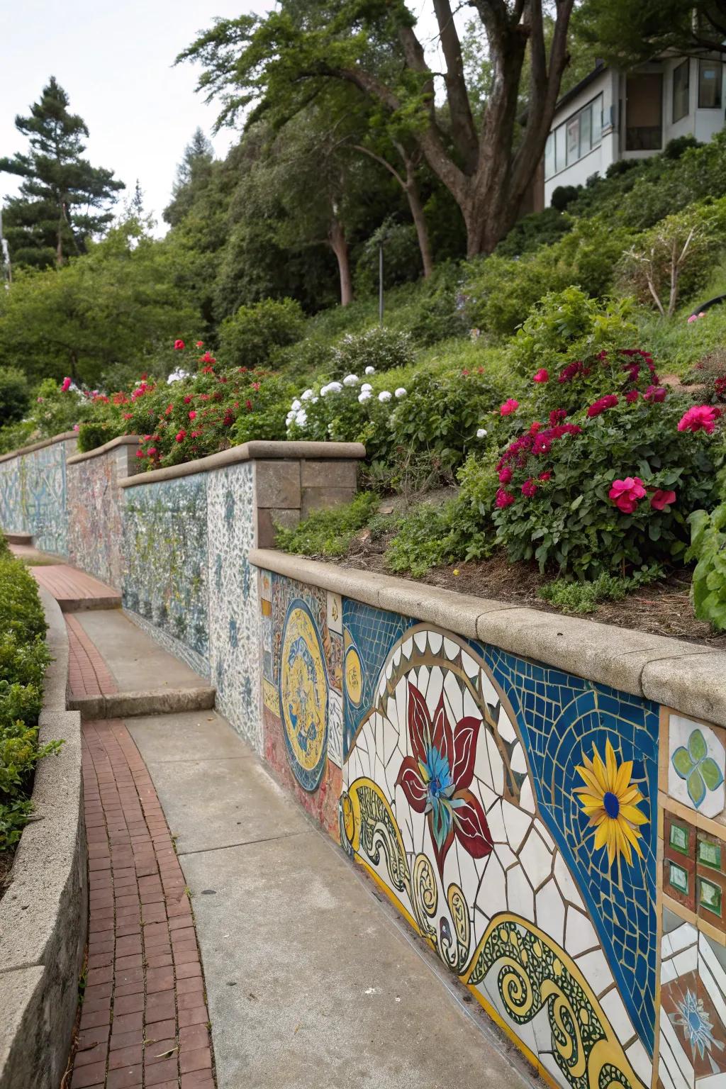 Artistic mosaics personalize and beautify retaining structures.