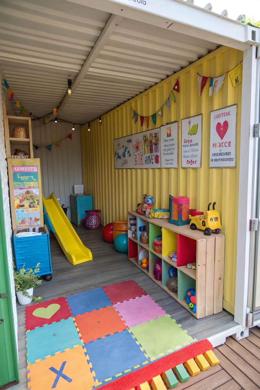 A container game area offers a space that is entertaining and safe for play and education.