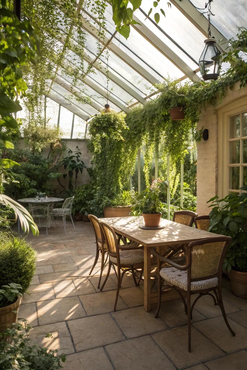 A meal time escape in a conservatory, great for meals with a view.