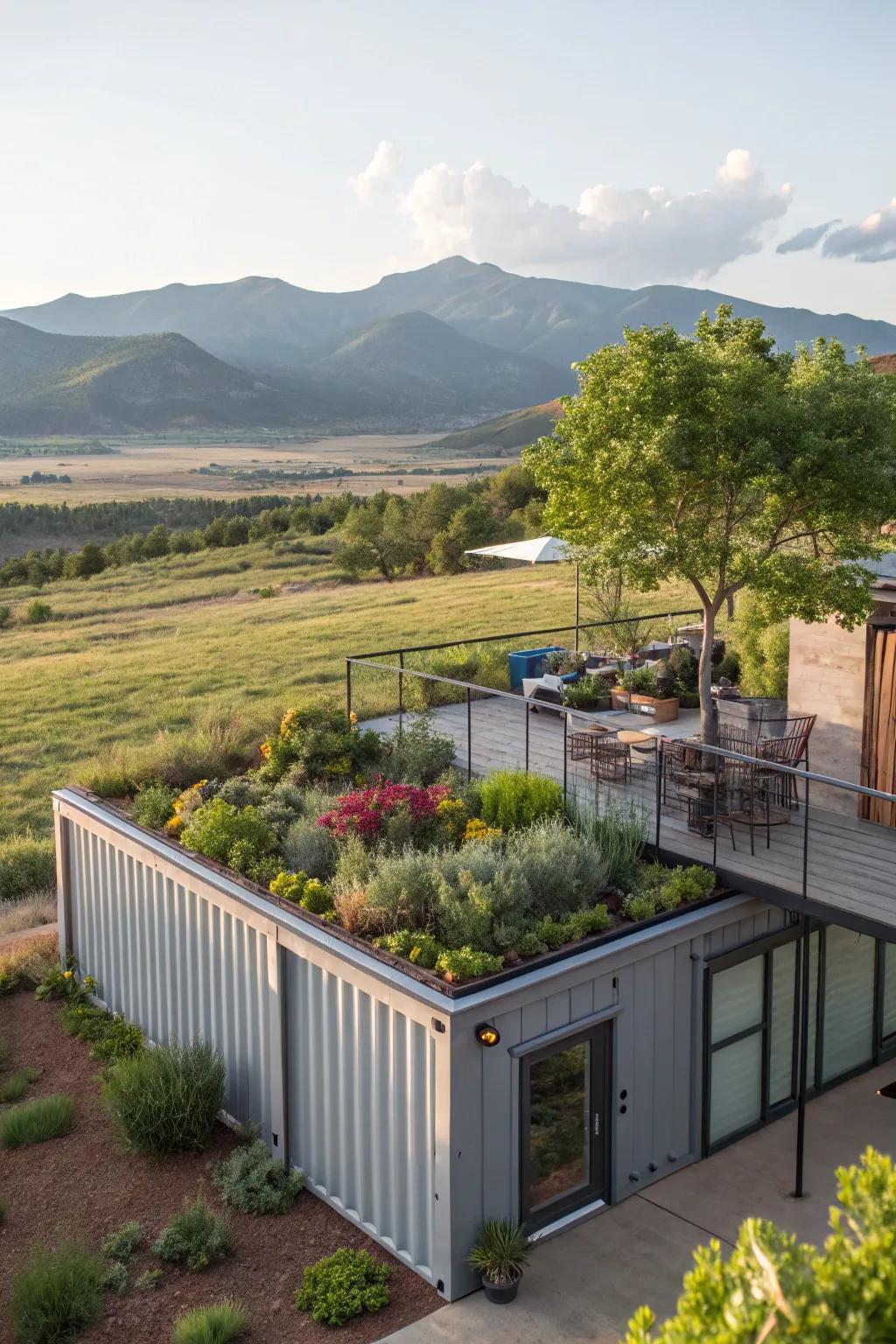 A container home featuring an inviting rooftop garden.