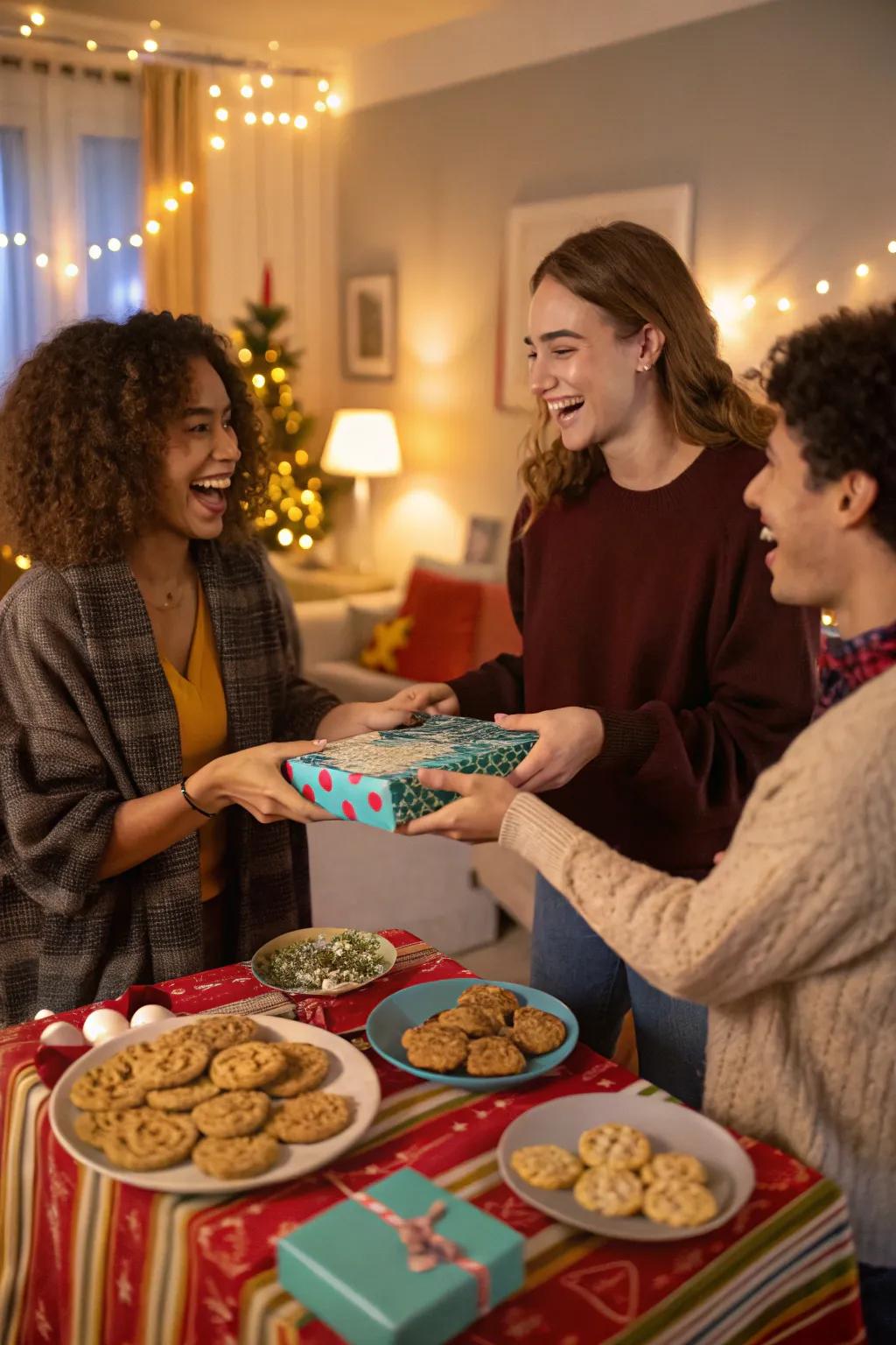 Guests enjoying a secret cookie gift exchange.