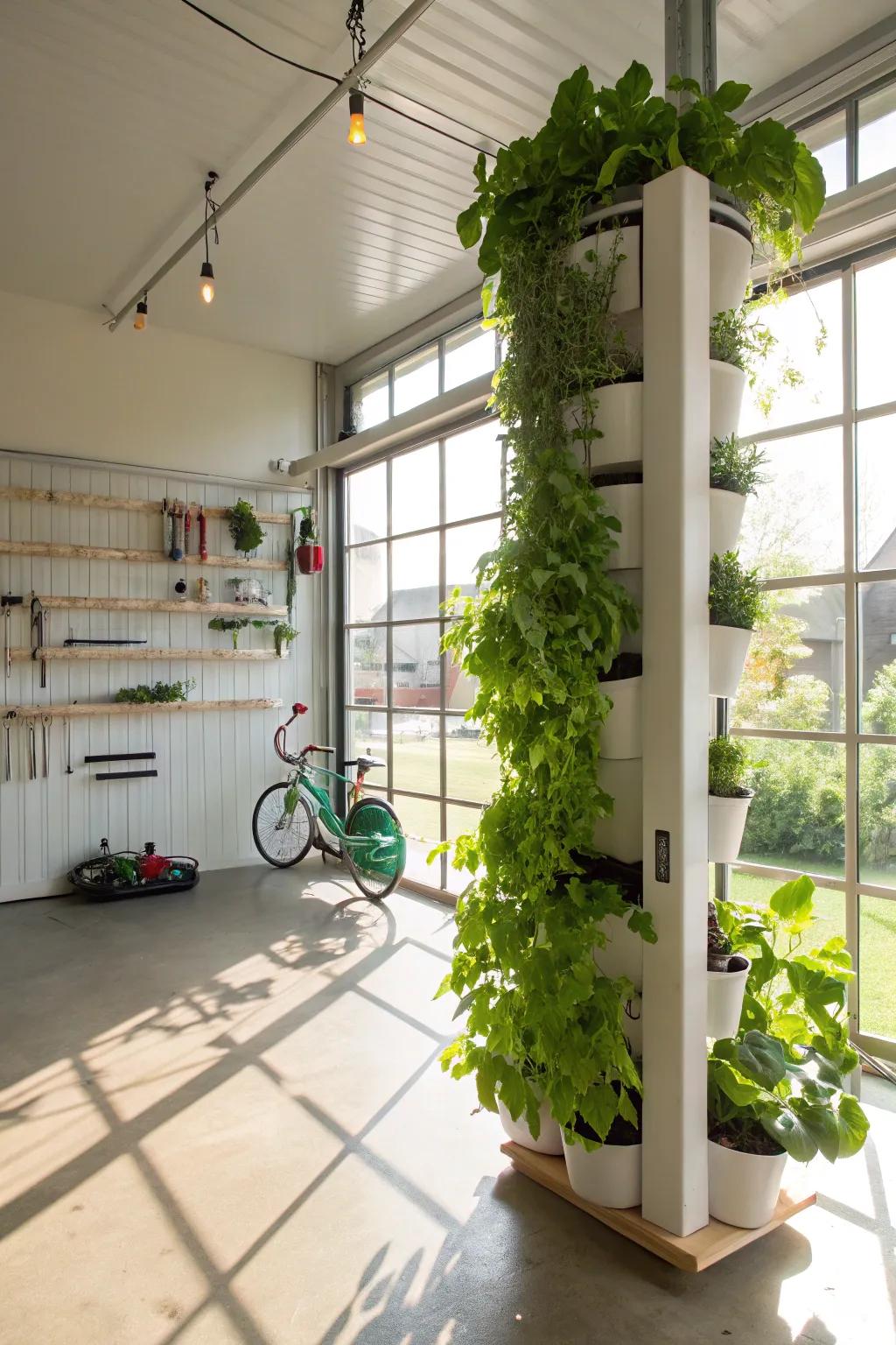 A serene indoor garden setup in a garage.