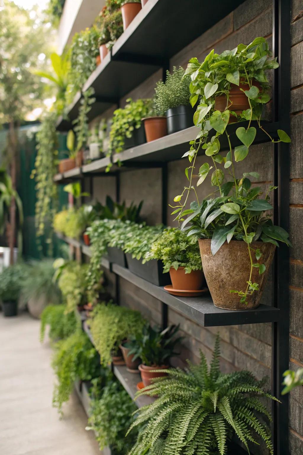 A cascading plant wall using corner shelves.