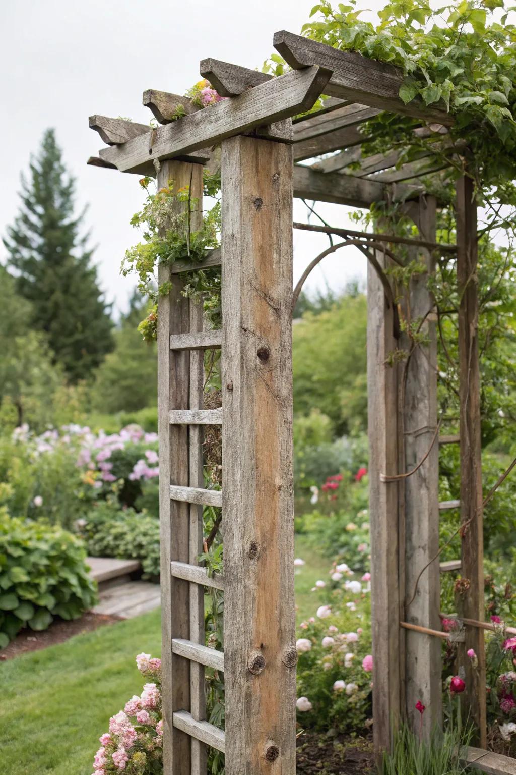 A sustainable trellis crafted from reclaimed wood.