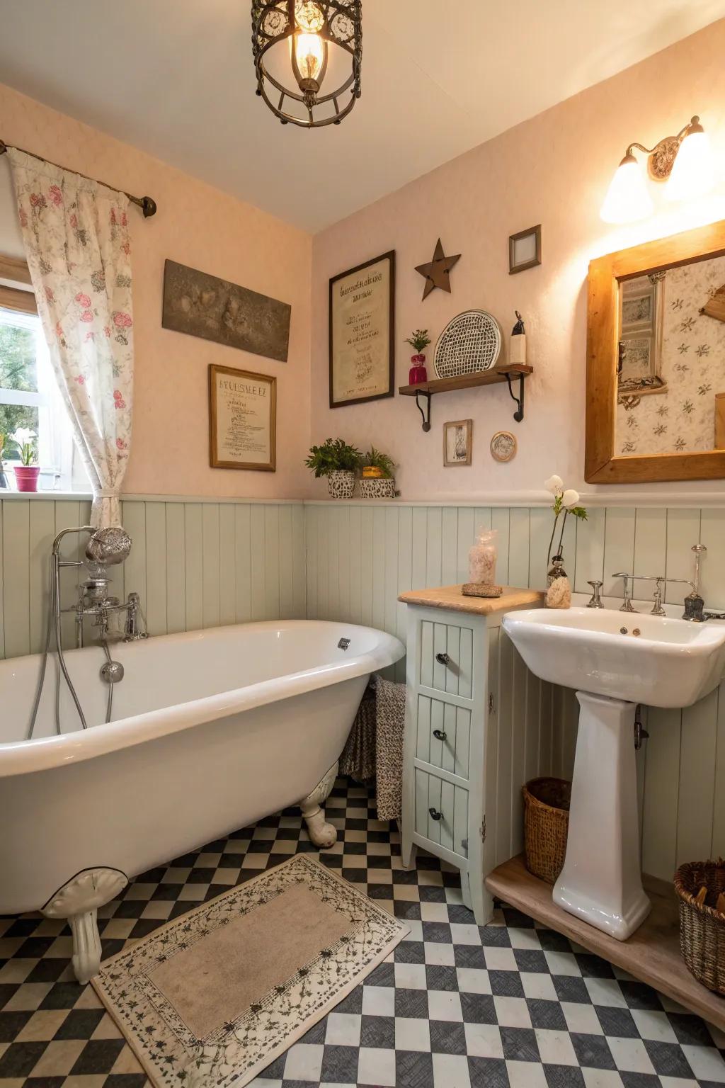 Vintage accessories injecting charm into a cottage bathroom