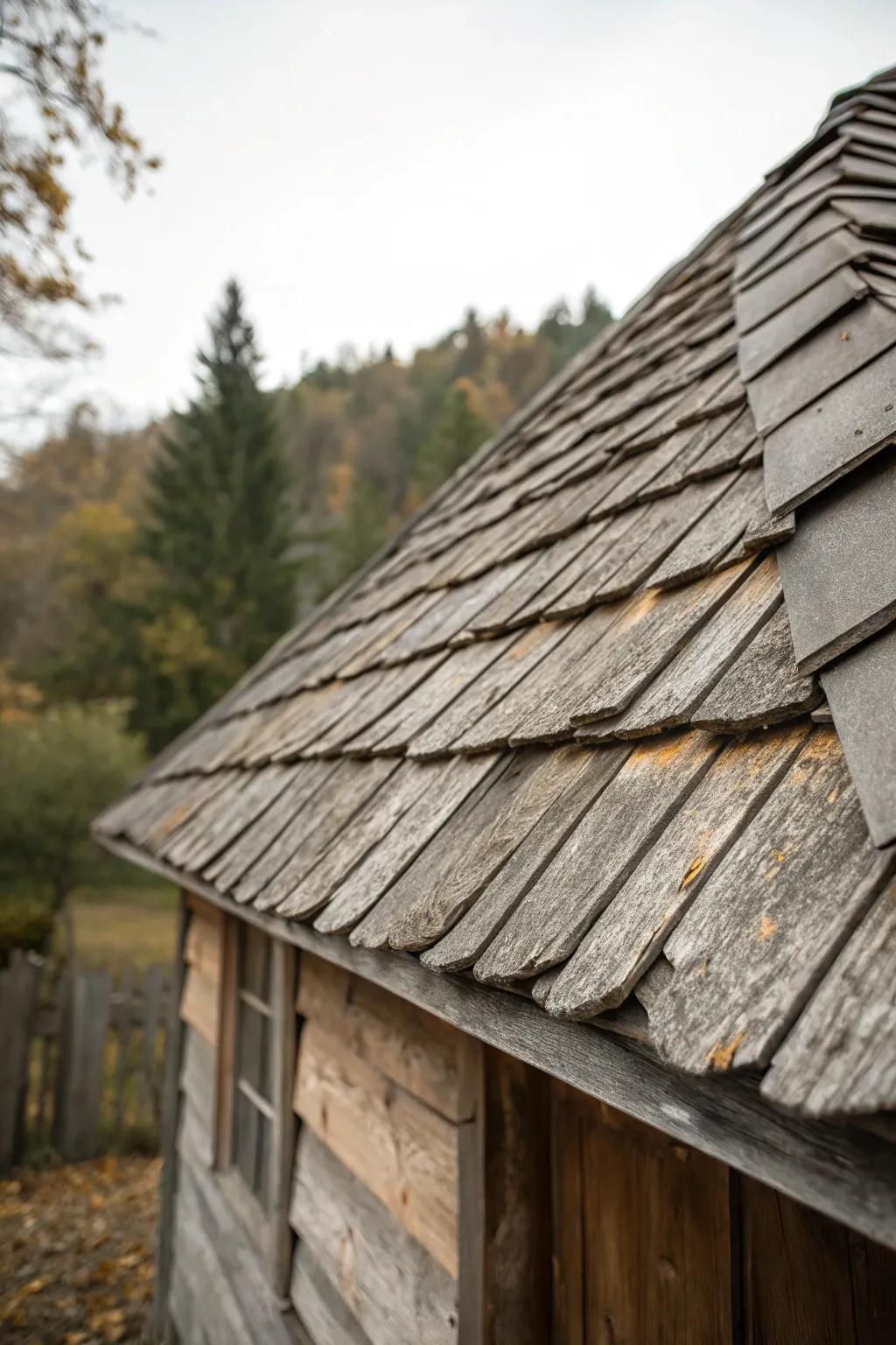 Worn timber paneling imparts rustic charm to a cottage's rooftop.
