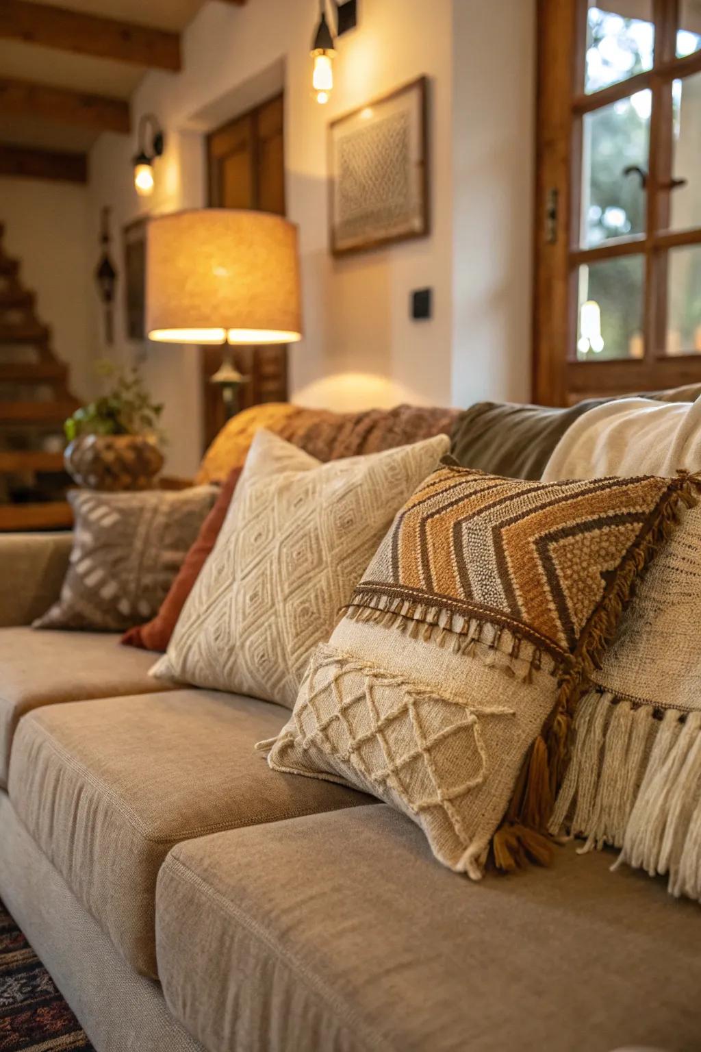 Rustic cushions furnish a warm, earthy feel to the room.