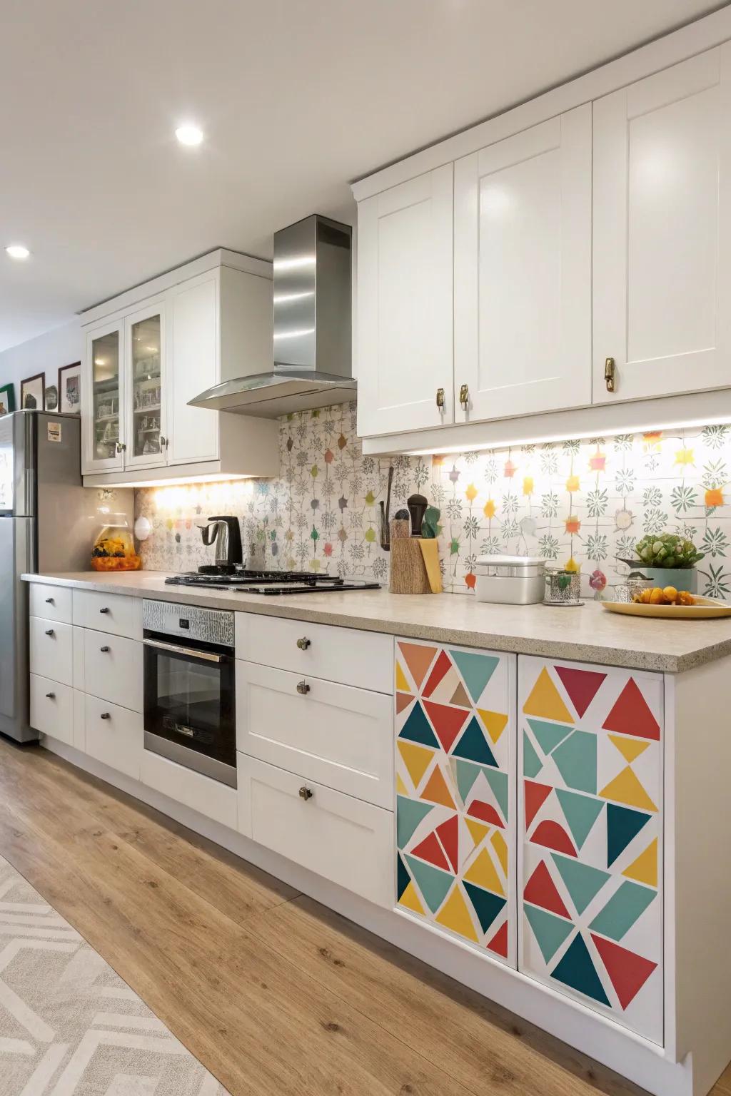 Playful geometric patterns on end caps create a lively kitchen atmosphere.