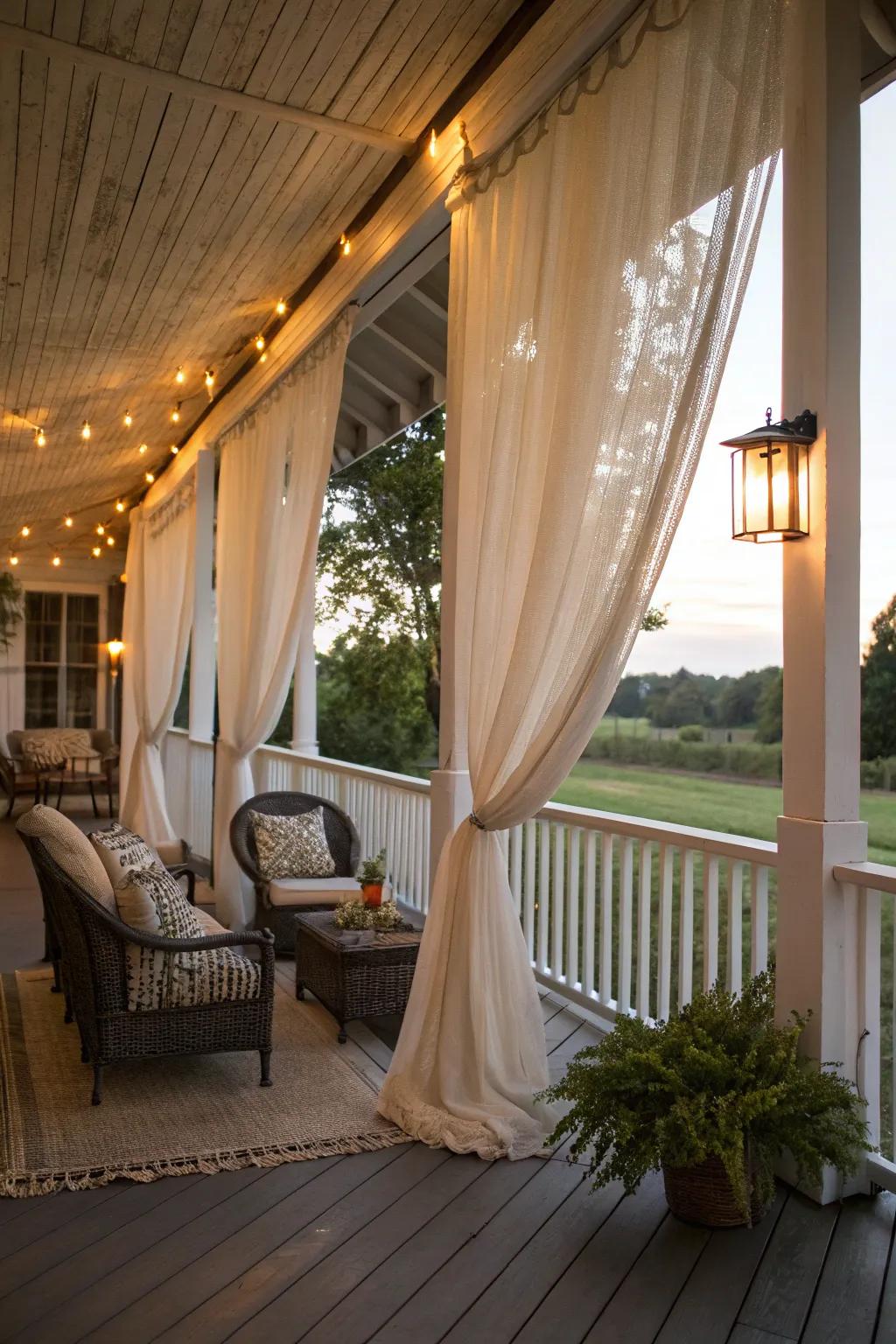 Outdoor curtains add elegance and intimacy to this farmhouse porch.