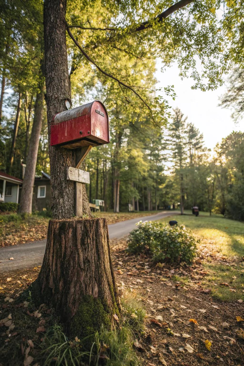A tree stump base offers a rustic and eco-friendly mailbox solution.