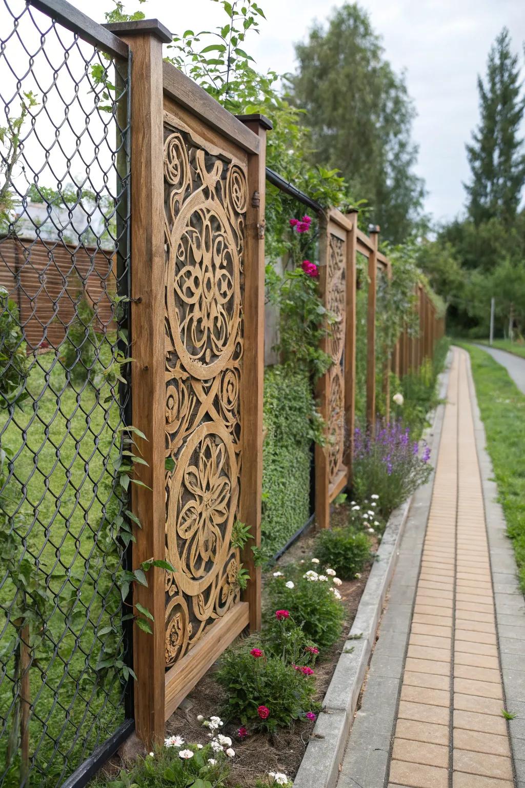 Artistic wood designs elevate chain link fences into statement pieces.