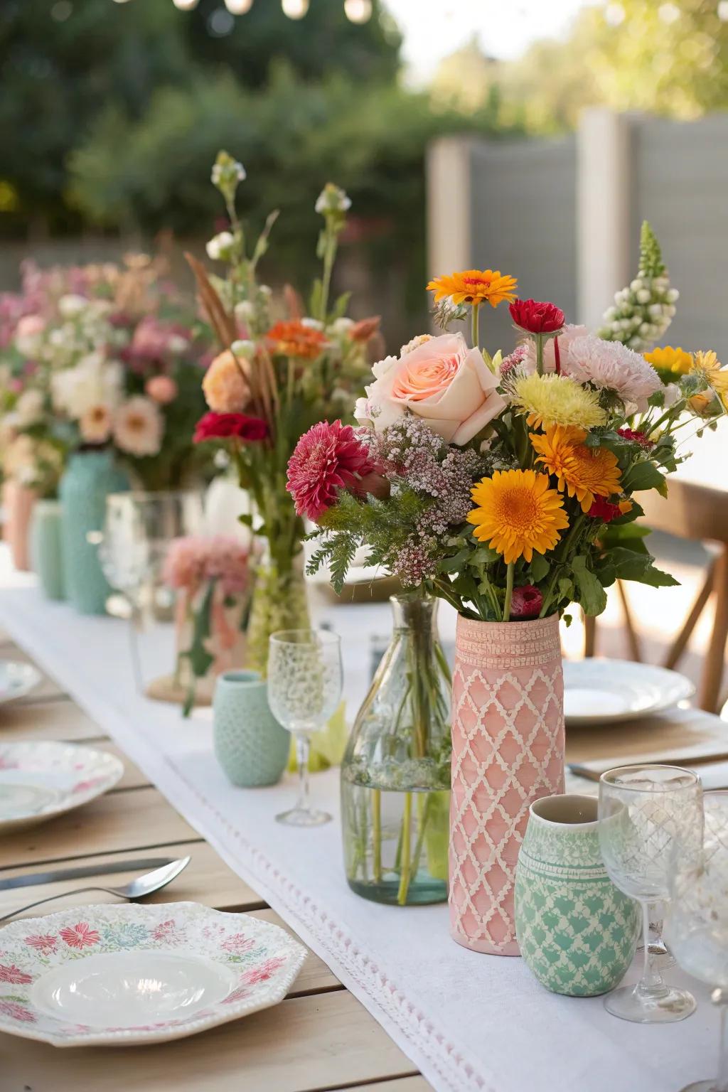 A wedding platform featuring clustered mismatched housings filled with vibrant blossoms.
