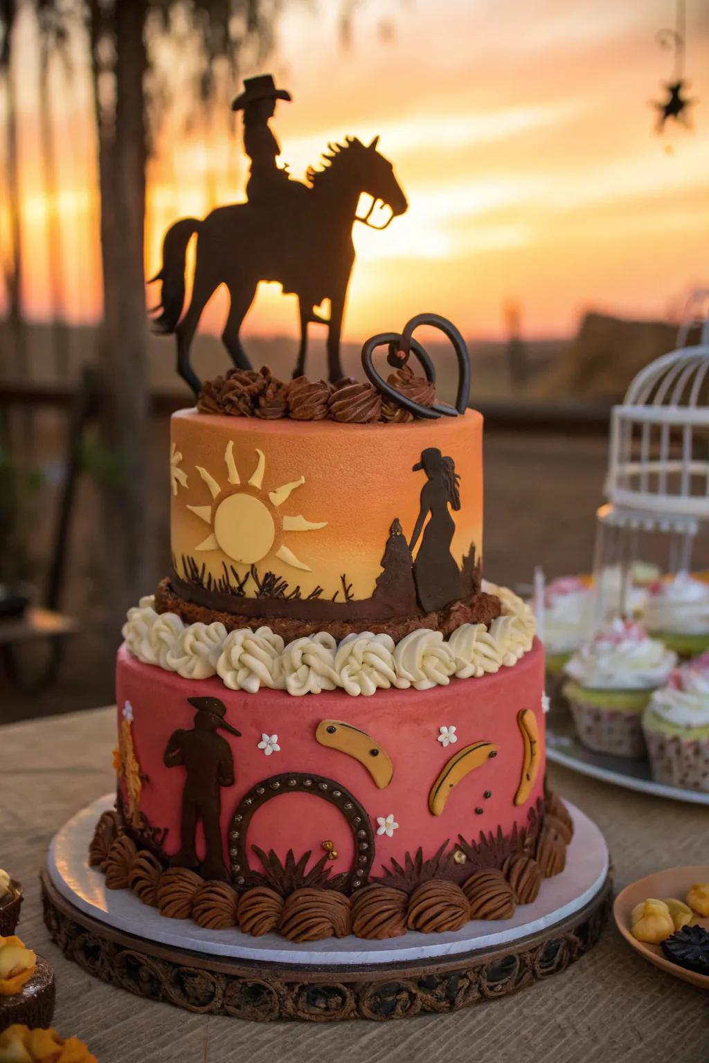 A sunset silhouette captures the serene beauty of the Western countryside on this cake.