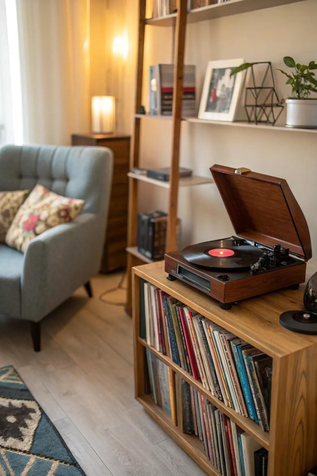 A retro record player adds charm and a personal touch to your room.