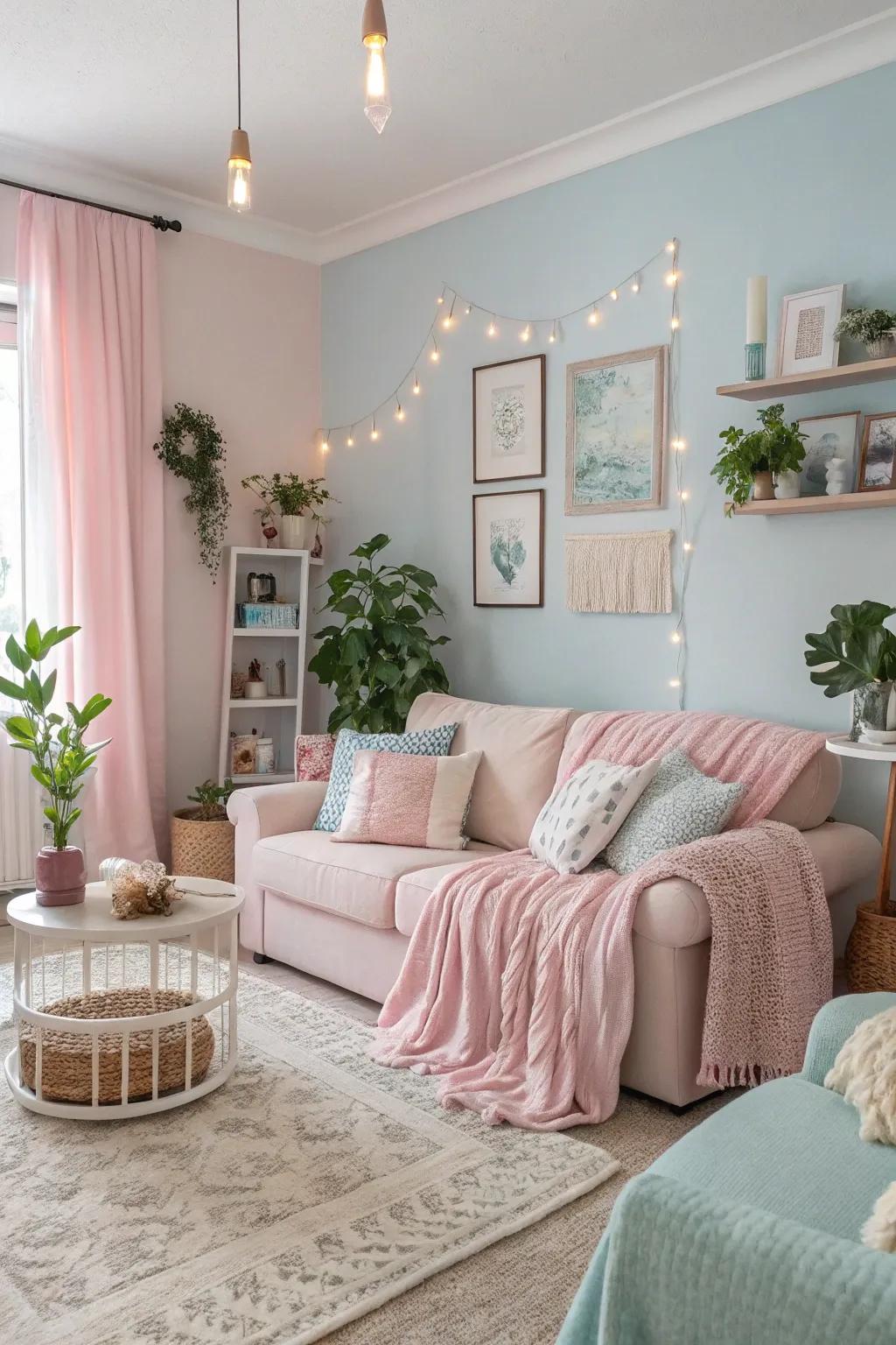 Pastel tones enhance light and provide soft warmth.