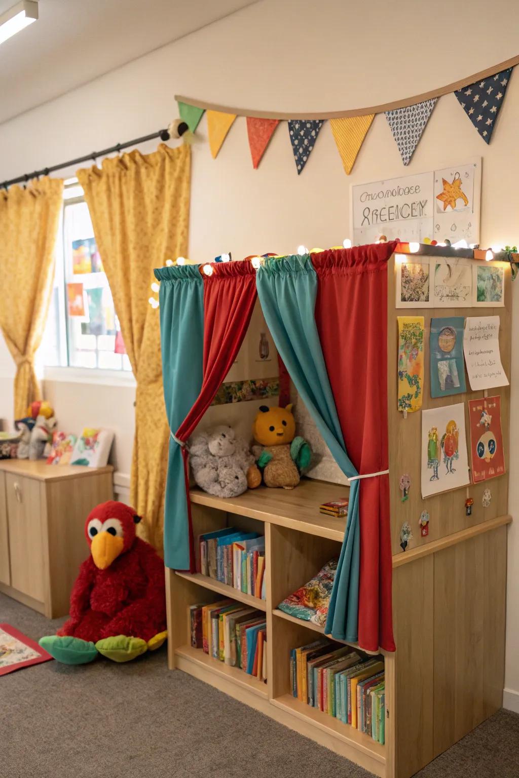 A puppet theater invites imaginative storytelling and play.