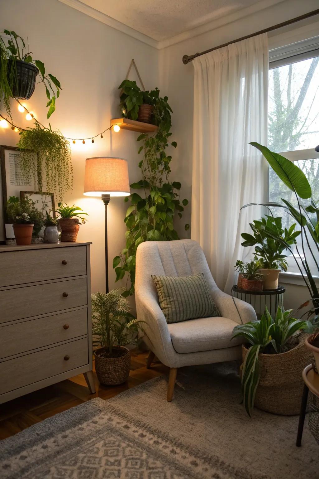 A plant corner provides a serene retreat within your bedroom for relaxation.