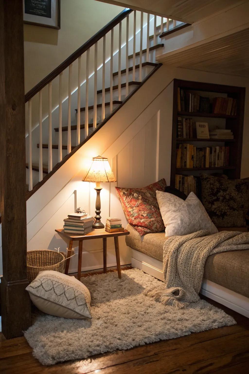 An under-stair reading nook is a surprising and delightful use of space.