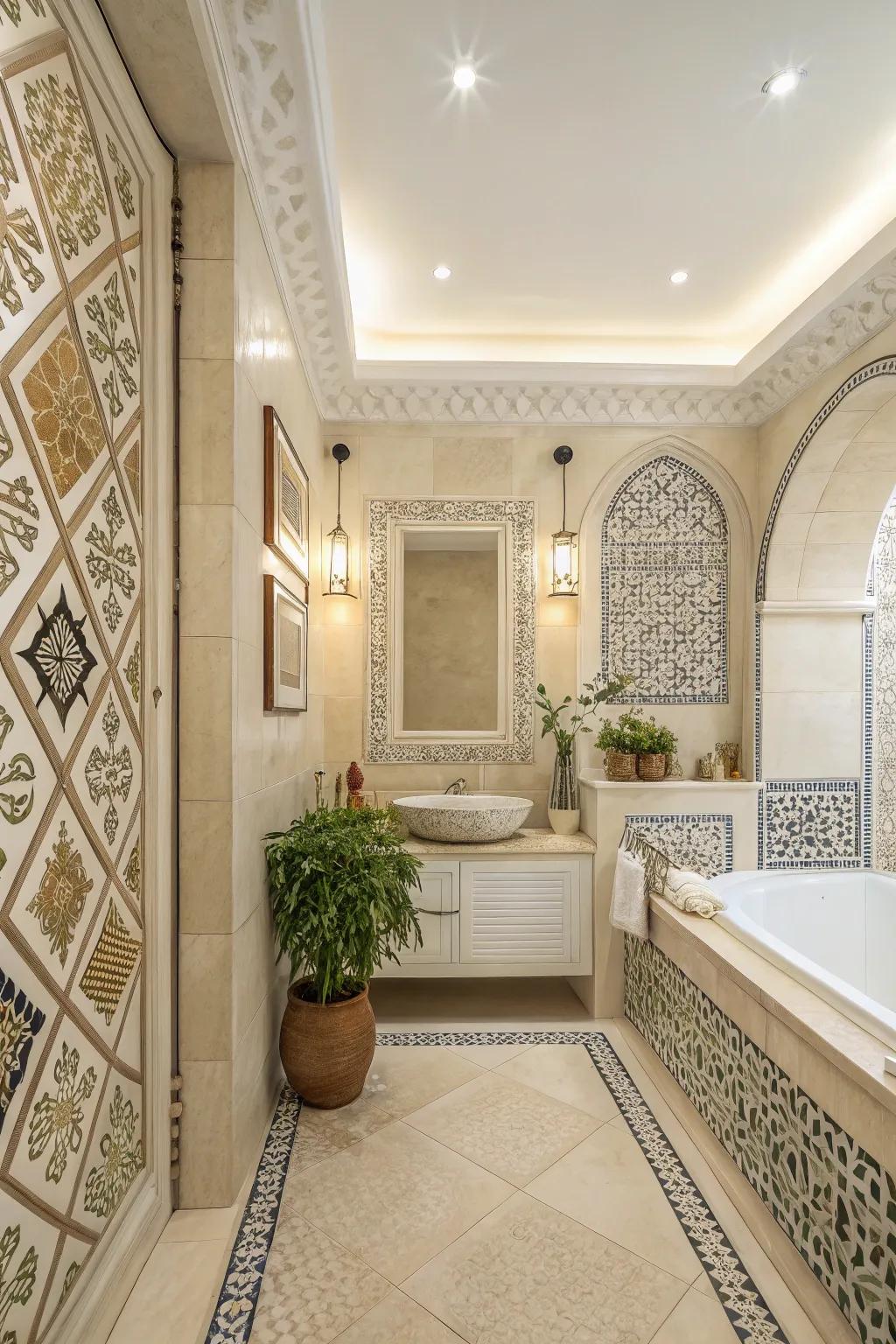 Geometrical patterns add a modern edge to this cream bathroom.