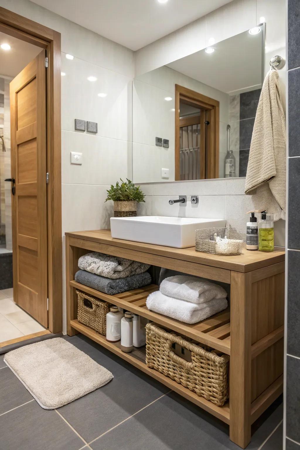 Benches with hidden storage maintain a clean, sleek look.